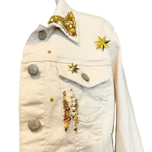 Handmade Upcycled Disney Jean Jacket sz S Sequin Embellished Mickey Denim Gold - Picture 8 of 10